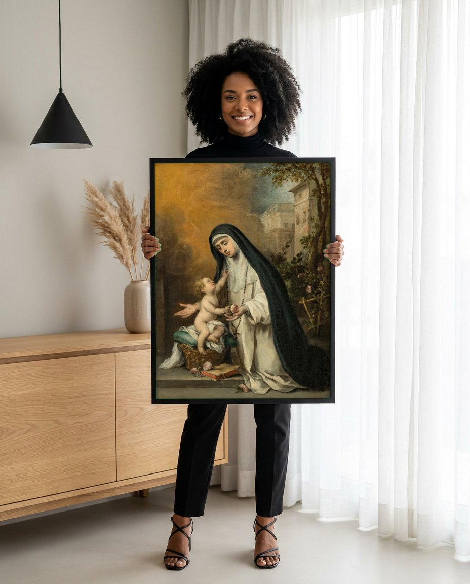 Quadro Decorativo A Virgem e o Menino com Santa Rosa de Viterbo - Murillo | modelo apresentando o quadro emoldurado