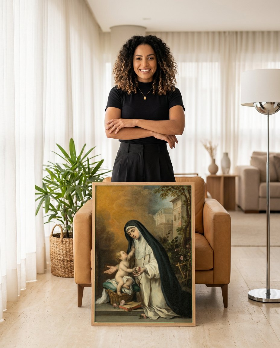 Quadro Decorativo A Virgem e o Menino com Santa Rosa de Viterbo - Murillo | modelo apresentando o quadro emoldurado