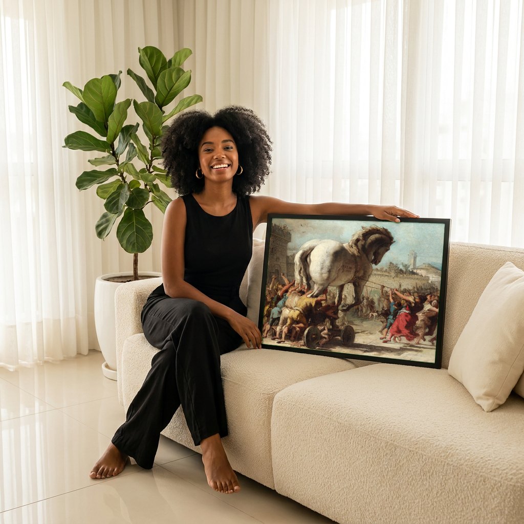 Quadro Decorativo A Procissão do Cavalo de Troia - Tiepolo | modelo apresentando o quadro emoldurado