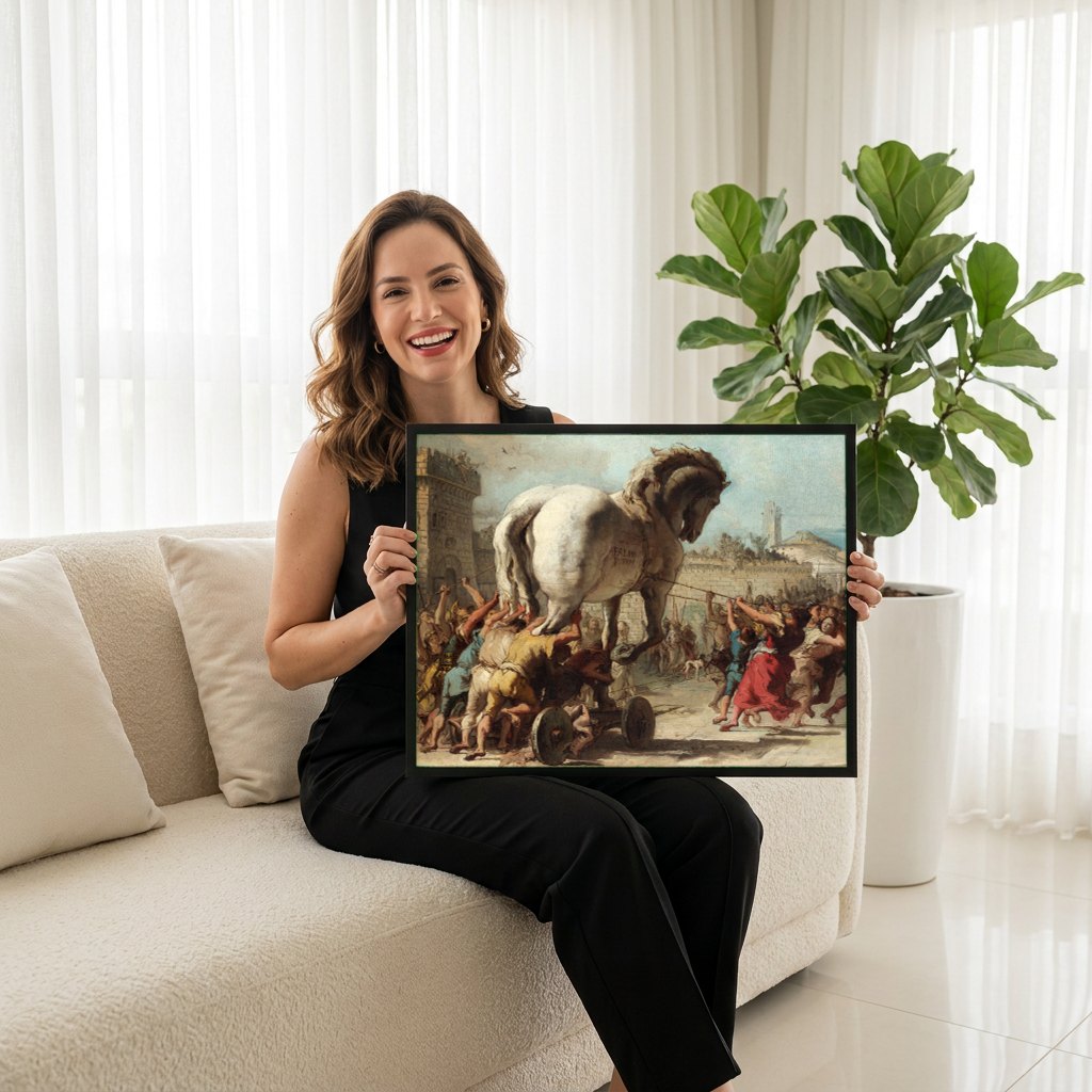 Quadro Decorativo A Procissão do Cavalo de Troia - Tiepolo | modelo apresentando o quadro emoldurado