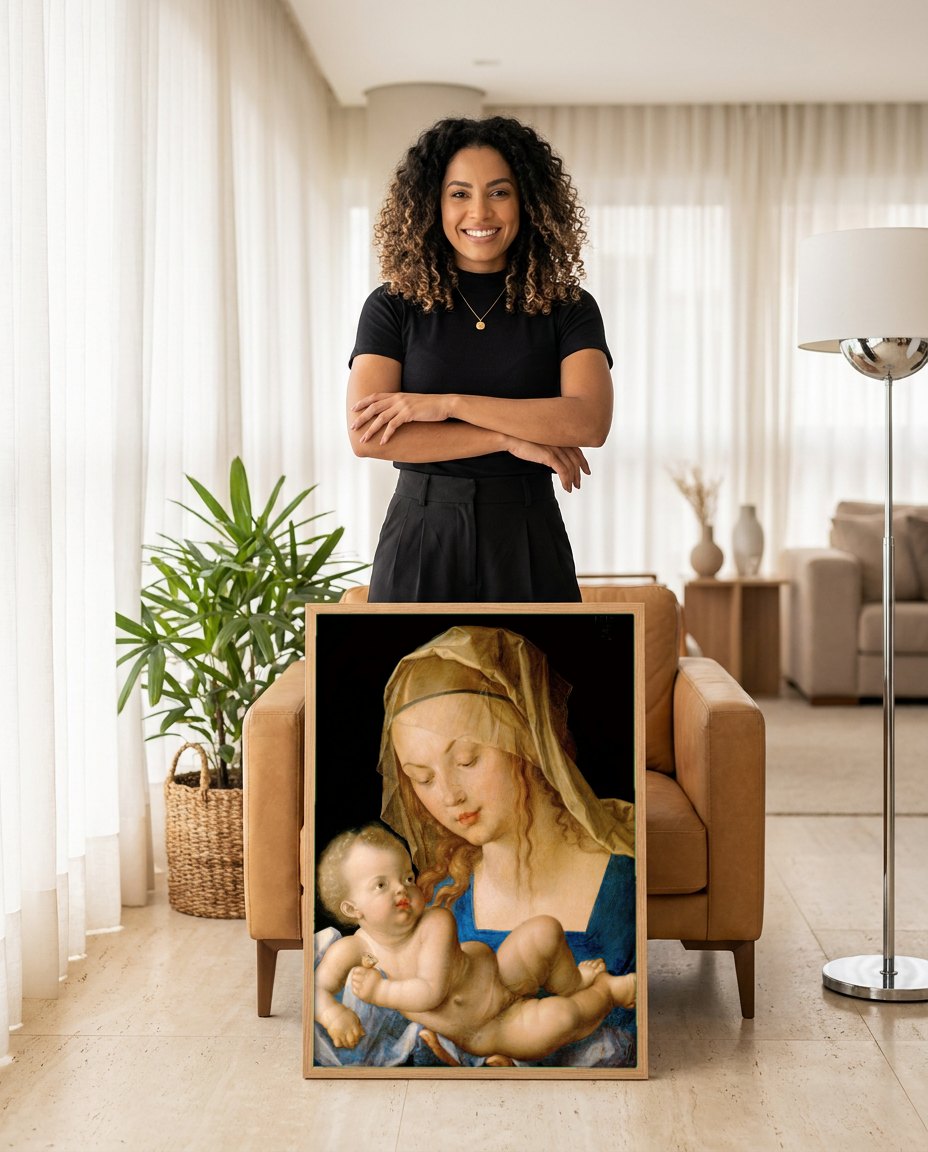 Quadro Decorativo A Virgem e o Menino com a Pera - Dürer | modelo apresentando o quadro emoldurado