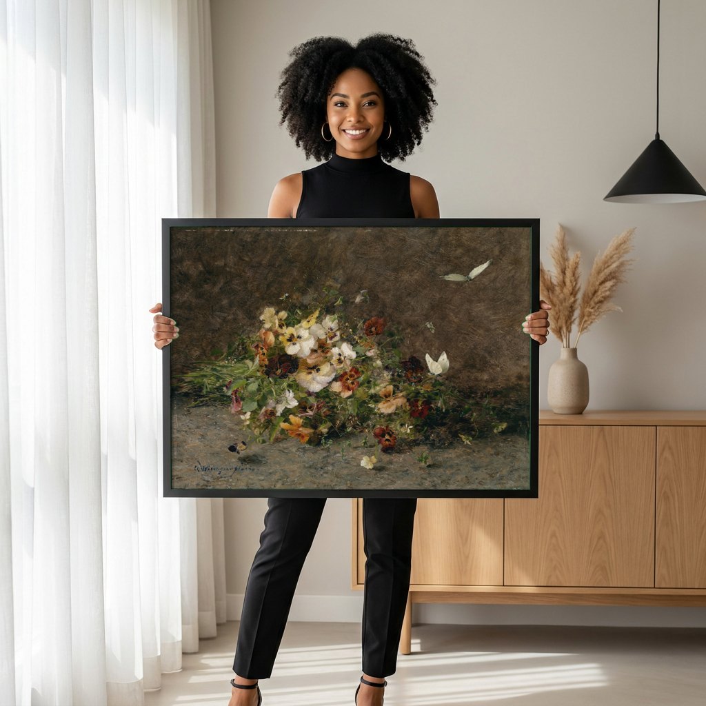Quadro Decorativo Cesto de Amor-Perfeito - Olga Wisinger-Florian | modelo apresentando o quadro emoldurado