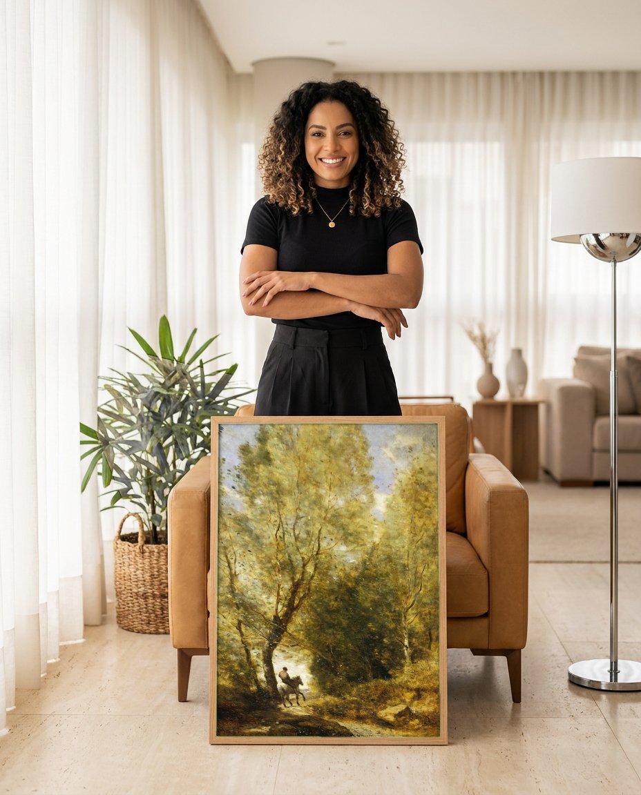 Quadro Decorativo Floresta e Cavaleiro - Corot com modelo em ambiente