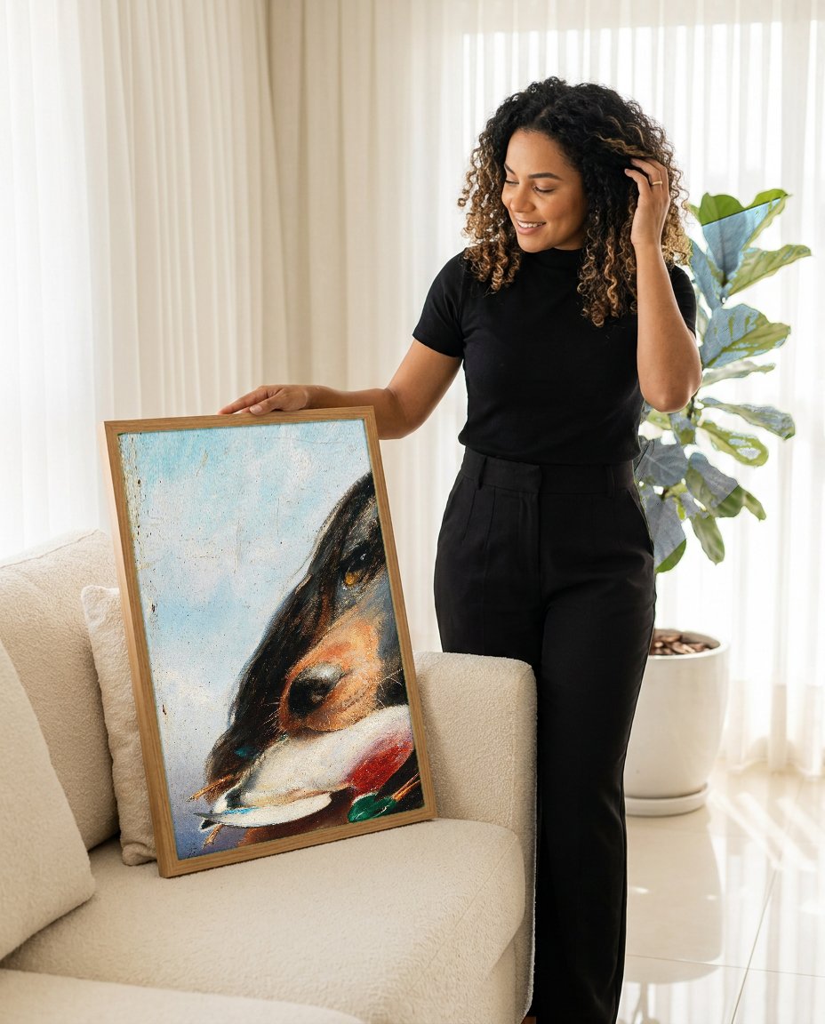 Quadro Decorativo Cão de Caça com Pato - Carl Reichert com modelo em ambiente