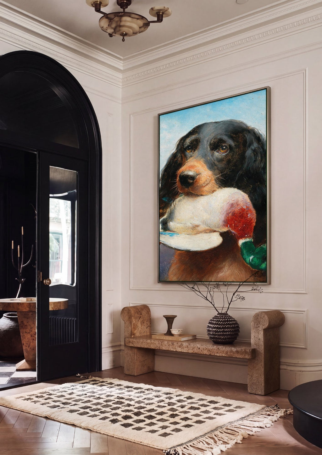 Quadro Decorativo Cão de Caça com Pato - Carl Reichert em ambiente decorado