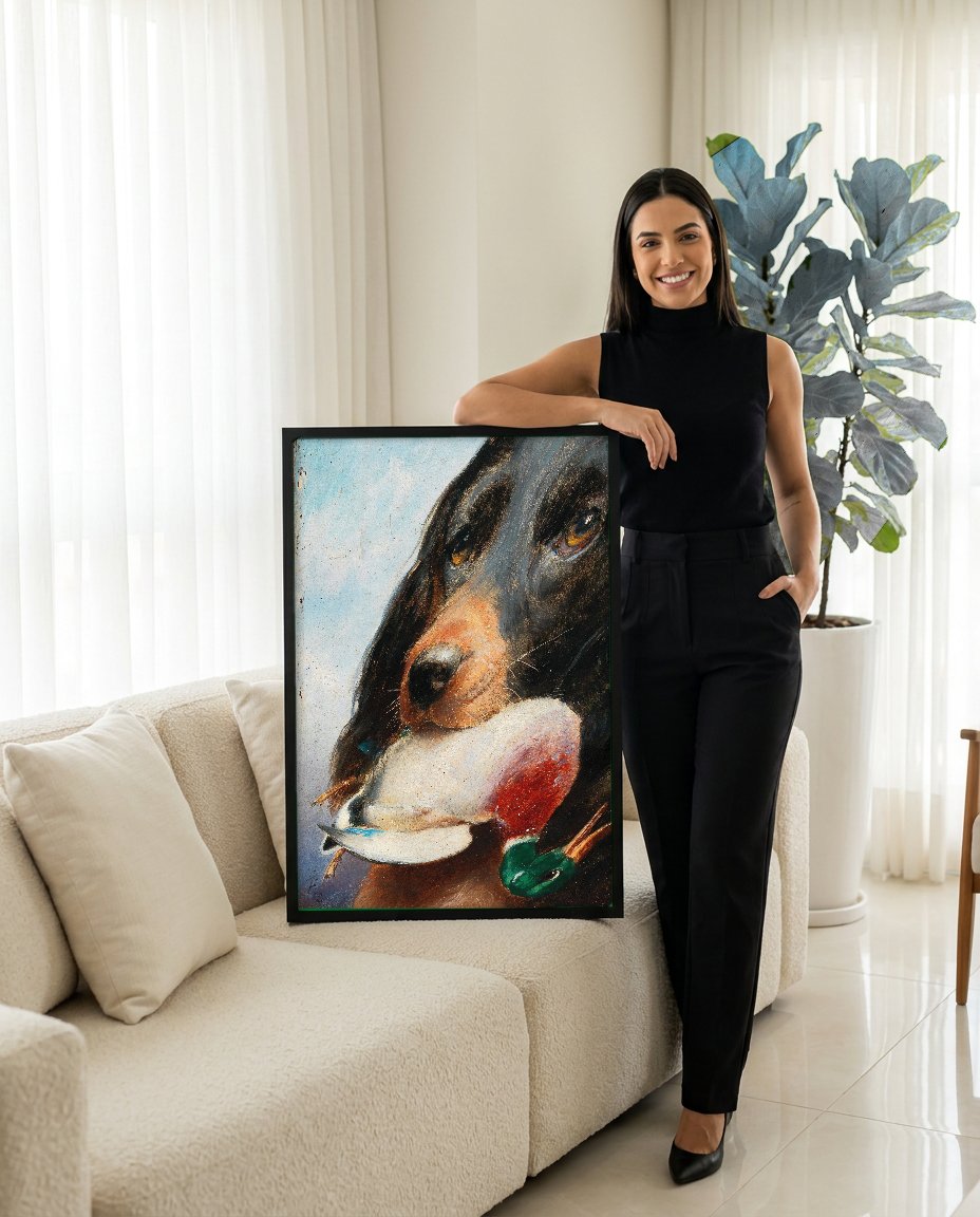 Quadro Decorativo Cão de Caça com Pato - Carl Reichert com modelo em ambiente