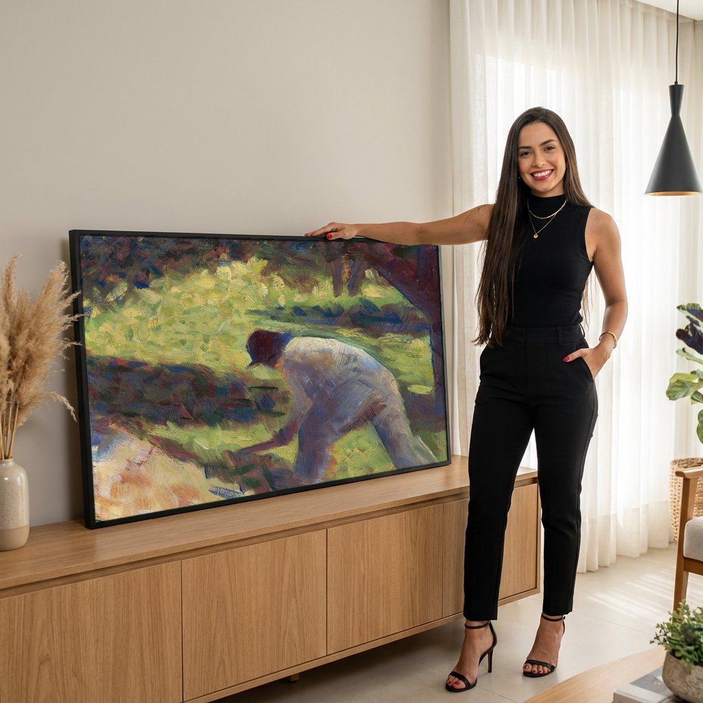Quadro Decorativo Homem Trabalhando no Campo - Georges Seurat com modelo em ambiente