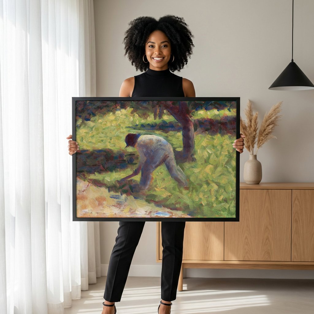 Quadro Decorativo Homem Trabalhando no Campo - Georges Seurat com modelo em ambiente