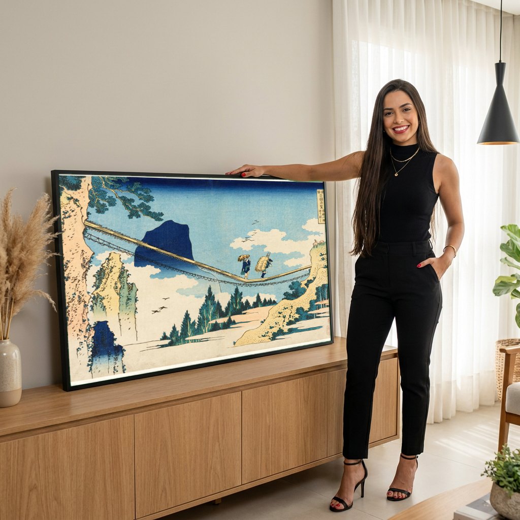 Quadro Decorativo A Ponte Suspensa de Hoki - Hokusai | modelo apresentando o quadro emoldurado