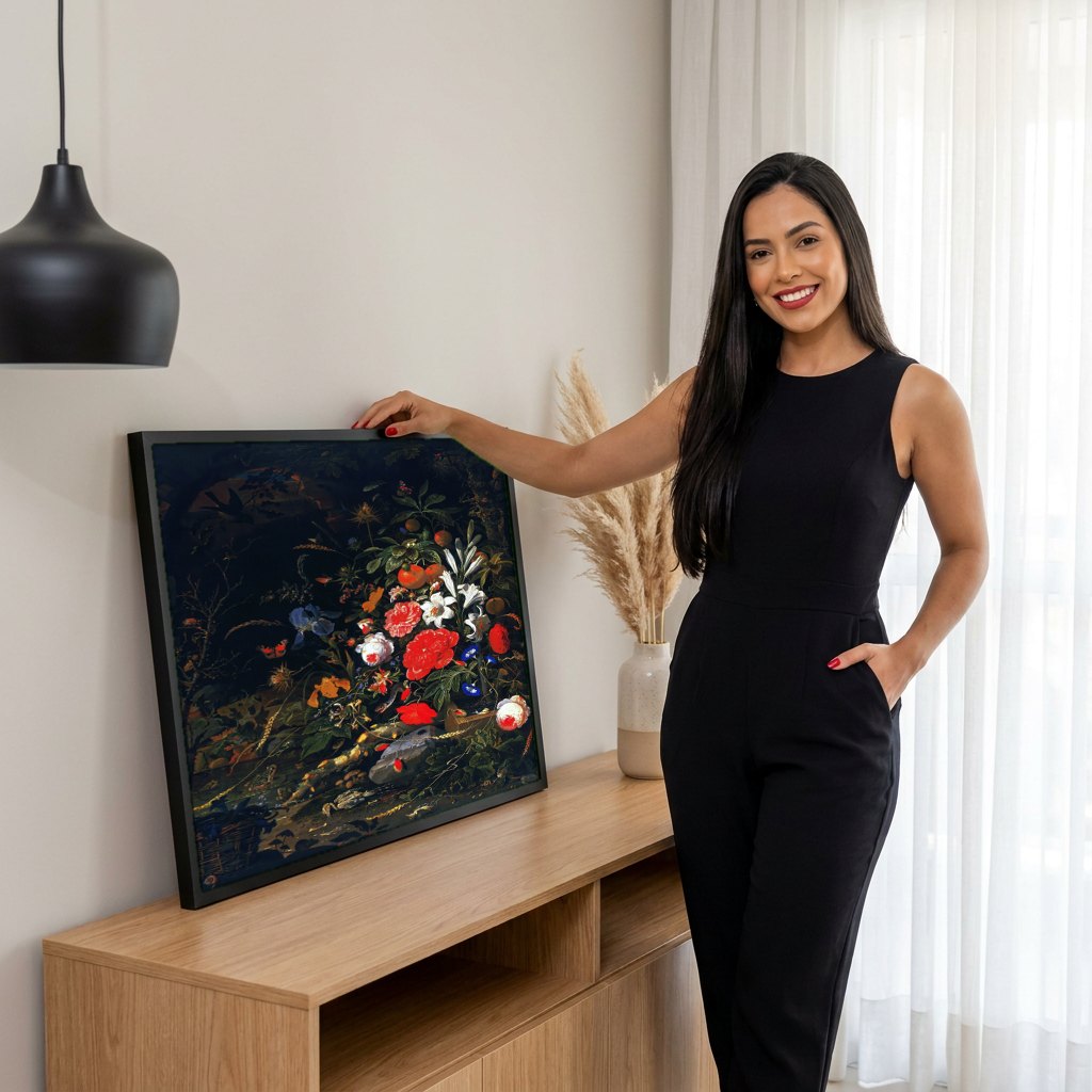 Quadro Decorativo Natureza-Morta com Flores e Frutas - Abraham Mignon | modelo apresentando o quadro emoldurado