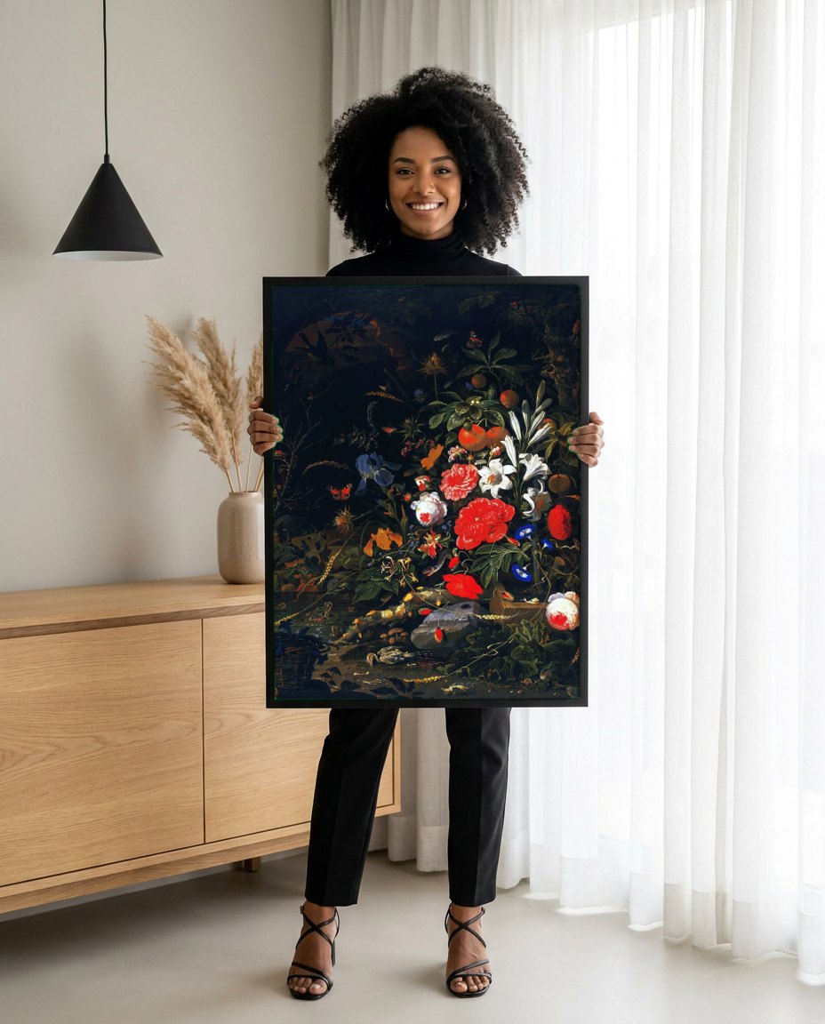 Quadro Decorativo Natureza-Morta com Flores e Frutas - Abraham Mignon | modelo apresentando o quadro emoldurado