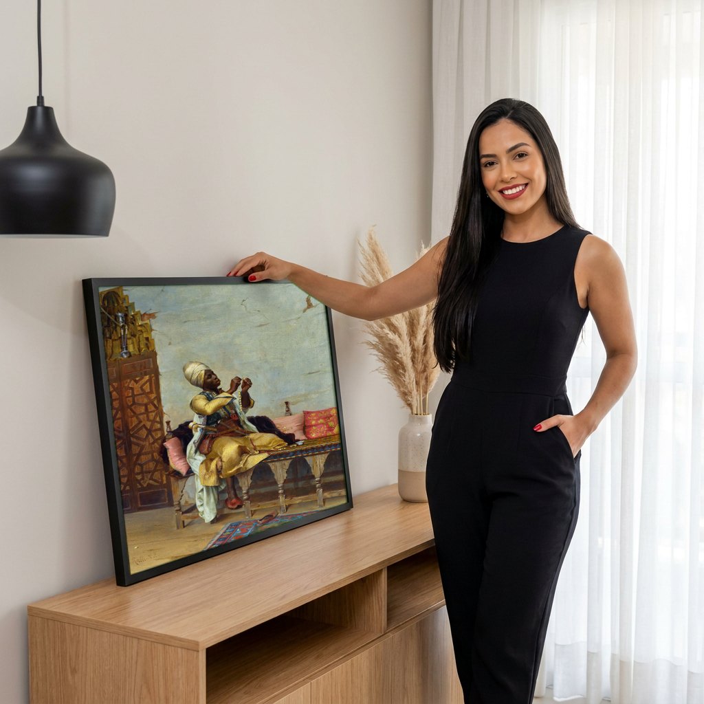 Quadro Decorativo O Confeccionador de Rosários - Theodoros Ralli | modelo apresentando o quadro emoldurado