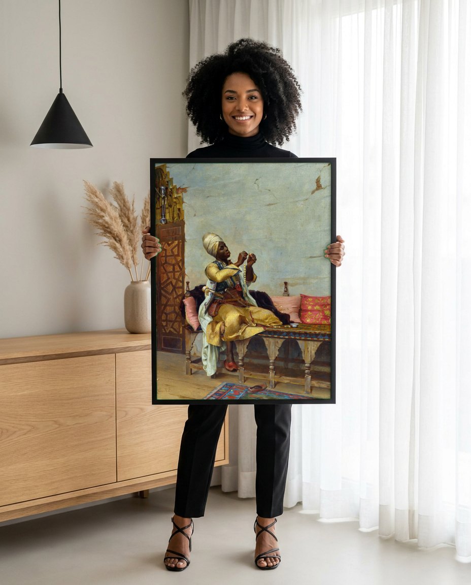 Quadro Decorativo O Confeccionador de Rosários - Theodoros Ralli | modelo apresentando o quadro emoldurado