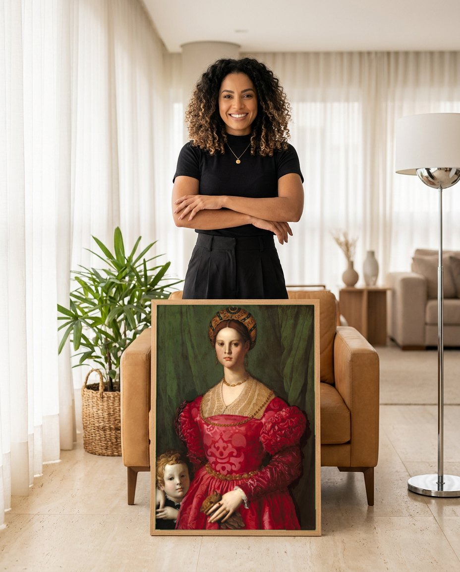 Quadro Decorativo Senhora com Filho - Agnolo Bronzino | modelo apresentando o quadro emoldurado