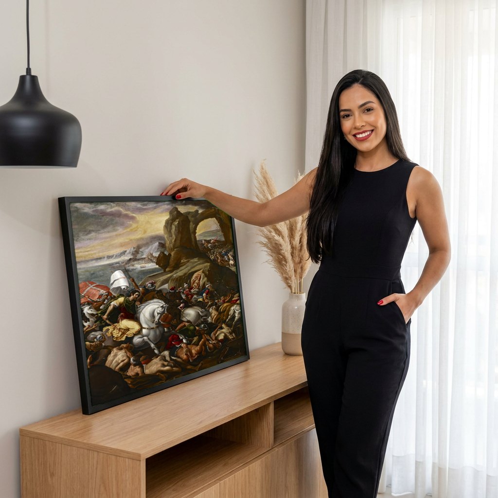 Quadro Decorativo A Batalha de Lepanto - Orazio Borgianni | modelo apresentando o quadro emoldurado