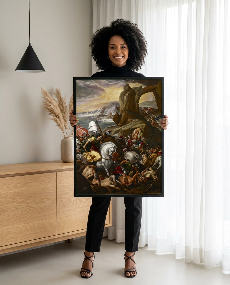 Quadro Decorativo A Batalha de Lepanto - Orazio Borgianni | modelo apresentando o quadro emoldurado