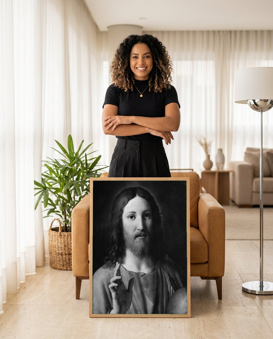 Quadro Decorativo Ecce Homo - Sassoferrato | modelo apresentando o quadro emoldurado