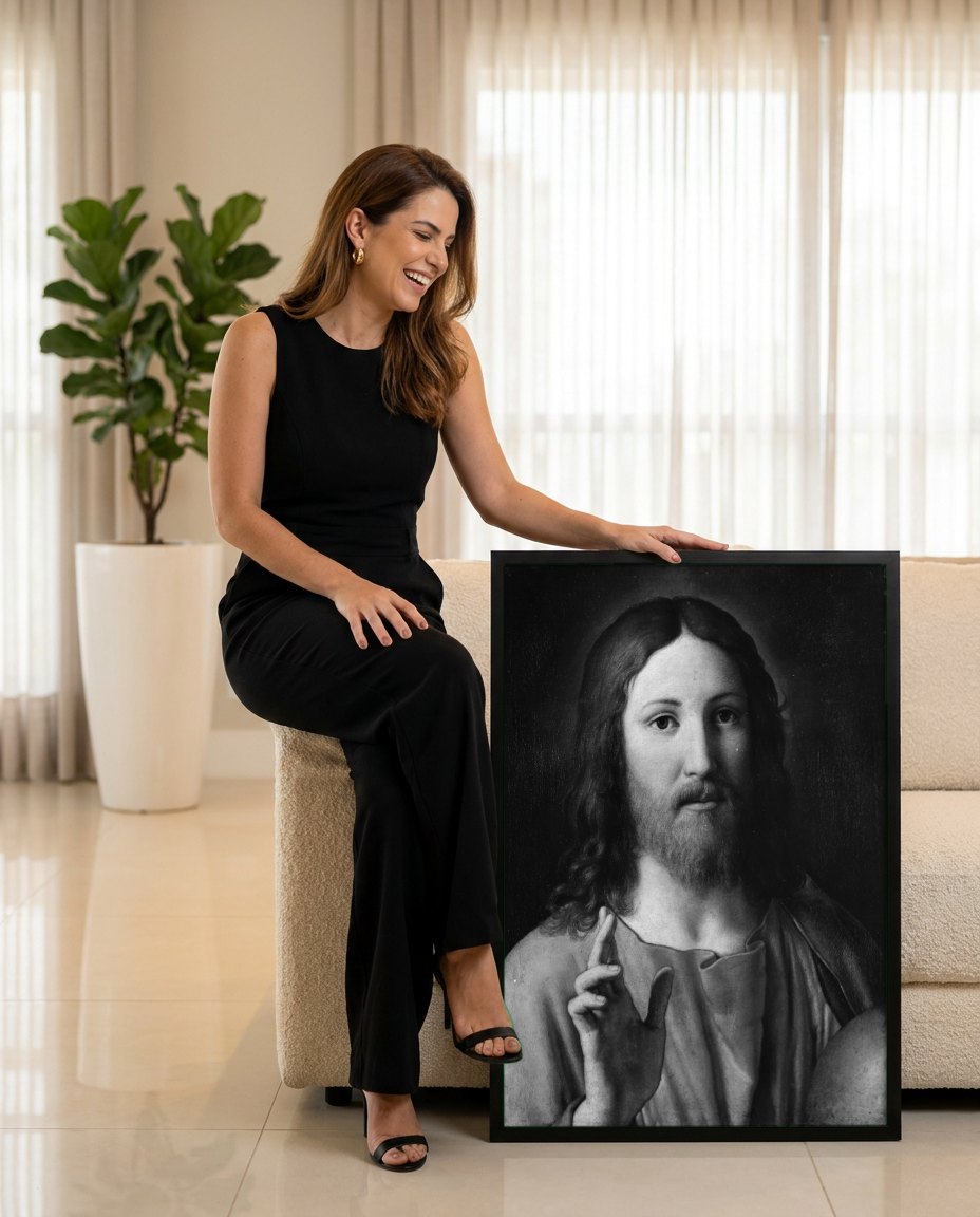 Quadro Decorativo Ecce Homo - Sassoferrato | modelo apresentando o quadro emoldurado