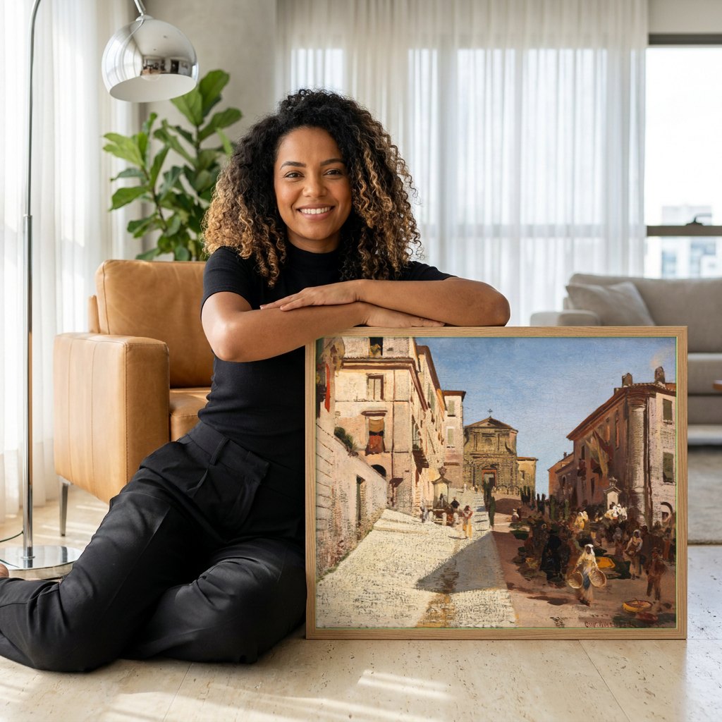 Quadro Decorativo Cena de Rua Italiana - Oswald Achenbach | modelo apresentando o quadro emoldurado