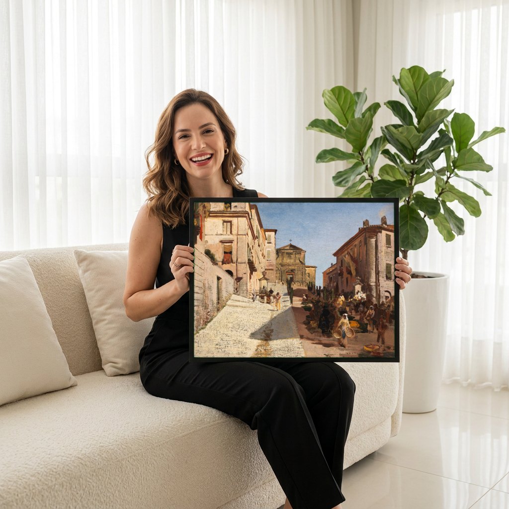 Quadro Decorativo Cena de Rua Italiana - Oswald Achenbach | modelo apresentando o quadro emoldurado