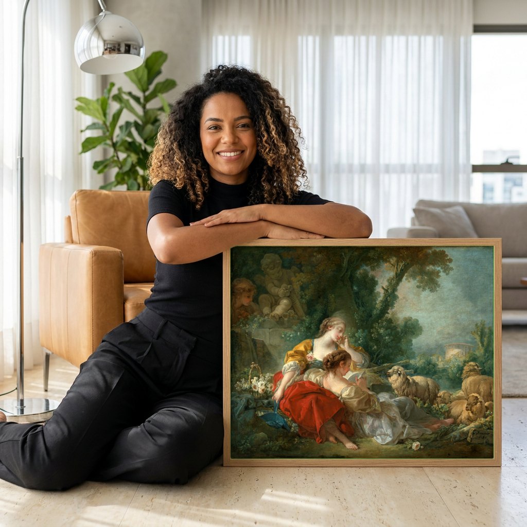 Quadro Decorativo A Pastoral - François Boucher | modelo apresentando o quadro emoldurado