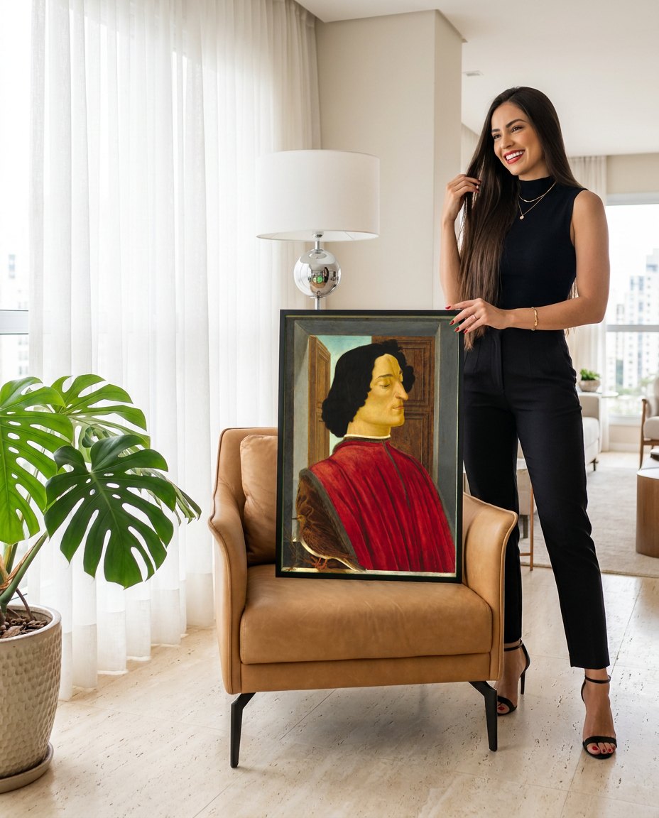 Quadro Decorativo Retrato de um Jovem com Pomba - Botticelli | modelo apresentando o quadro emoldurado