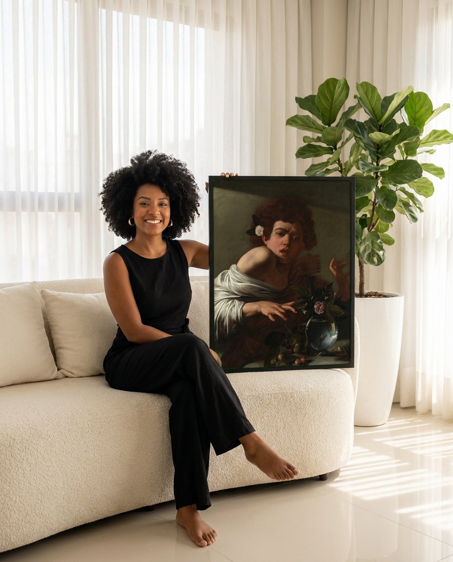 Quadro Decorativo Baco Doente - Caravaggio | modelo apresentando o quadro emoldurado
