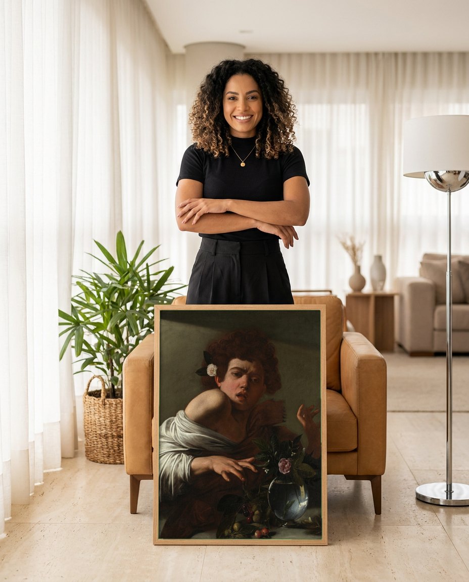 Quadro Decorativo Baco Doente - Caravaggio | modelo apresentando o quadro emoldurado