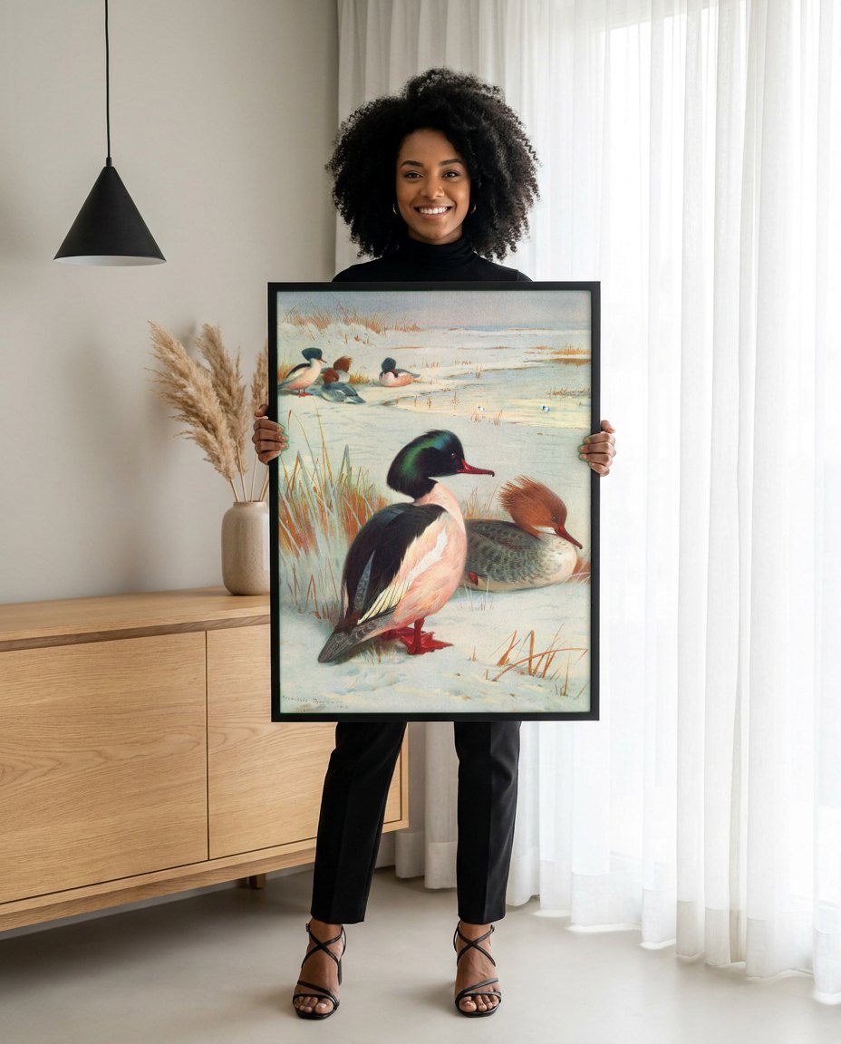Quadro Decorativo Mergansers no Inverno - Thorburn | modelo apresentando o quadro emoldurado