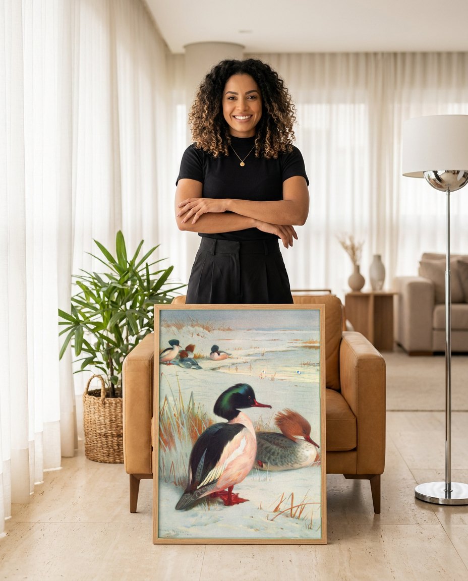 Quadro Decorativo Mergansers no Inverno - Thorburn | modelo apresentando o quadro emoldurado