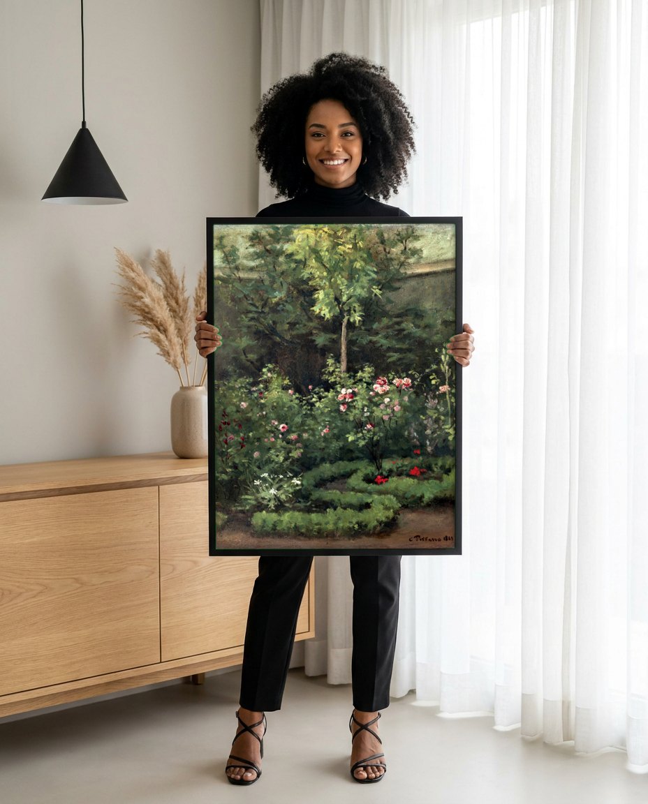 Quadro Decorativo Jardins Floridos em Pontoise - Pissarro | modelo apresentando o quadro emoldurado