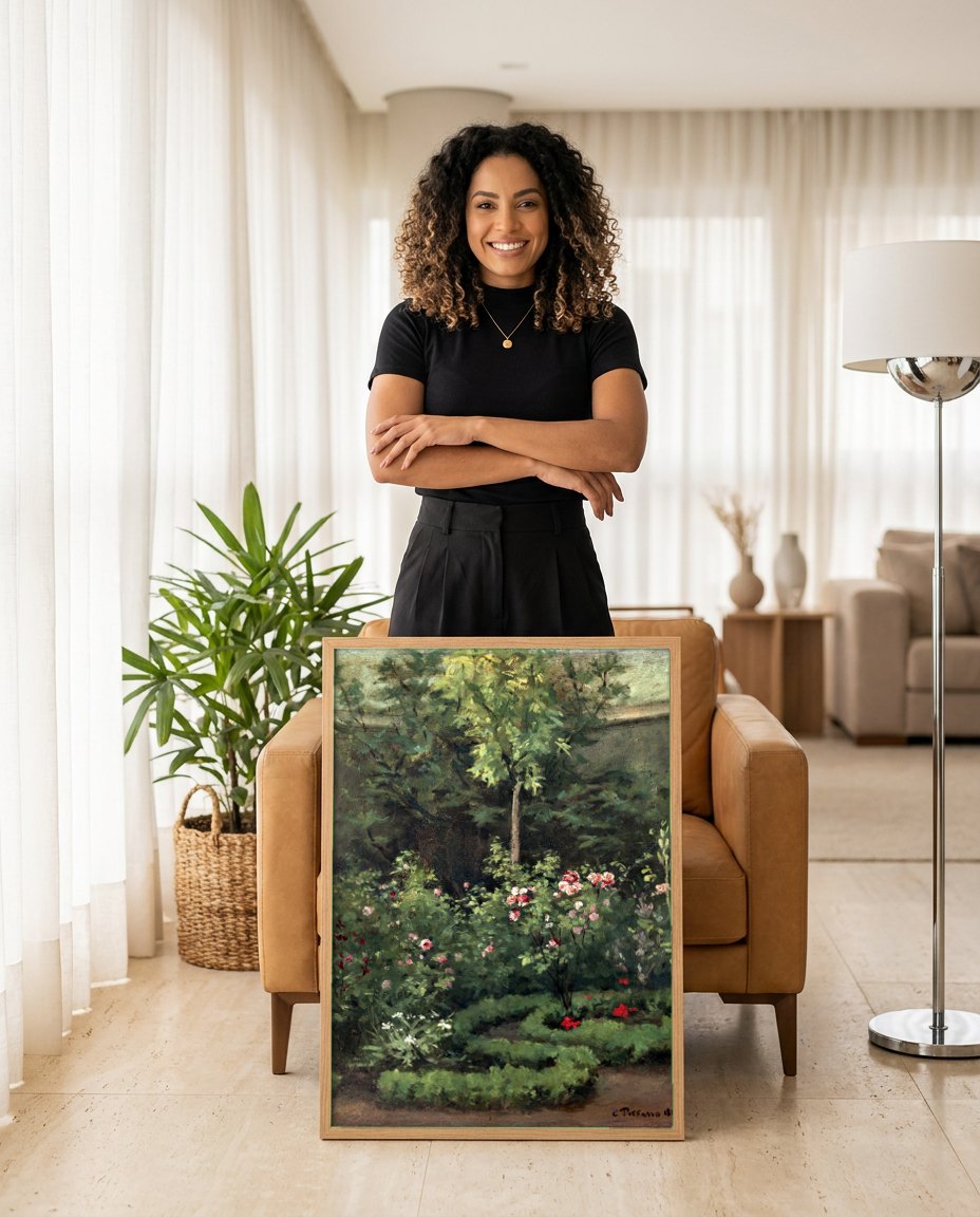 Quadro Decorativo Jardins Floridos em Pontoise - Pissarro | modelo apresentando o quadro emoldurado