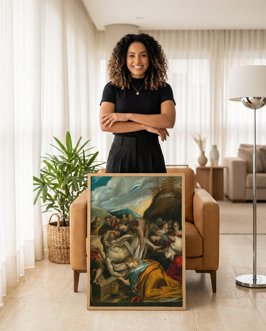 Quadro Decorativo A Deposição de Cristo no Sepulcro - El Greco | modelo apresentando o quadro emoldurado