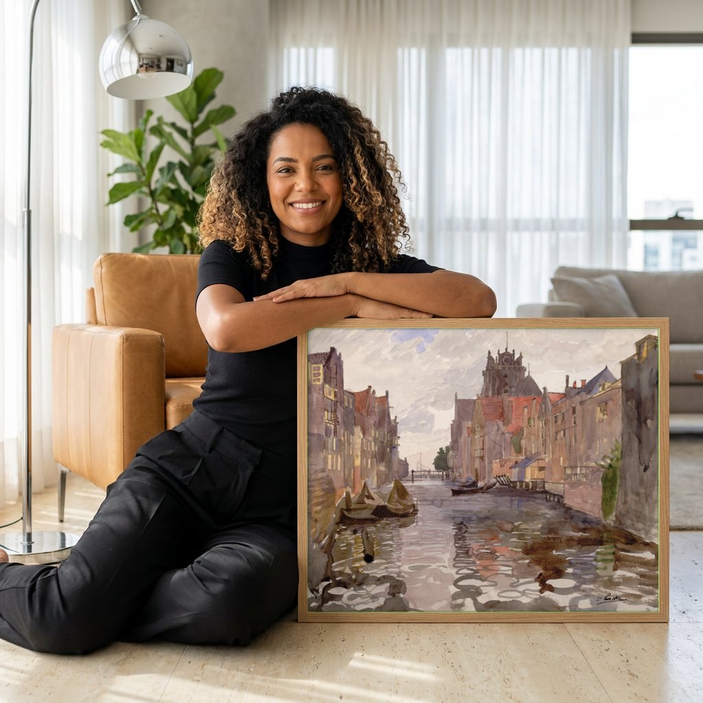 Quadro Decorativo Canal Urbano Europeu - Oskar Laske | modelo apresentando o quadro emoldurado