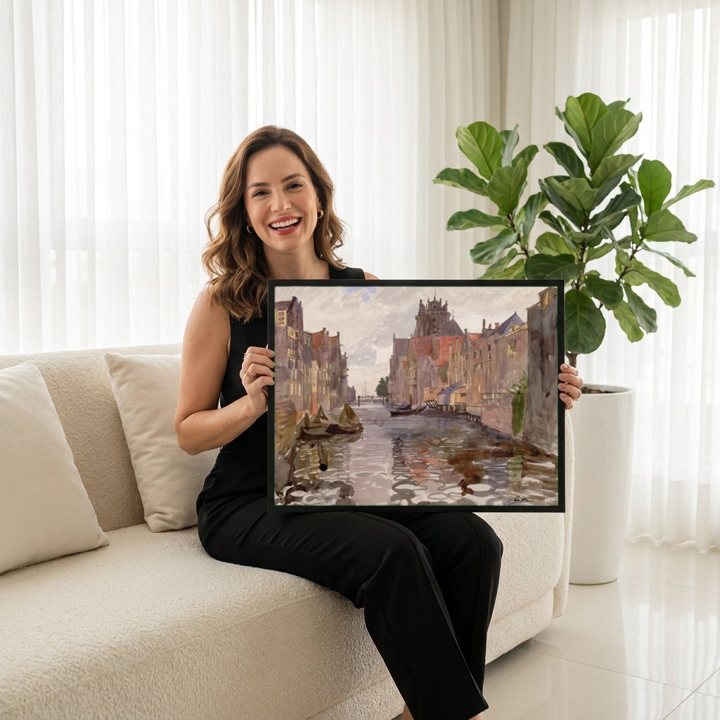 Quadro Decorativo Canal Urbano Europeu - Oskar Laske | modelo apresentando o quadro emoldurado
