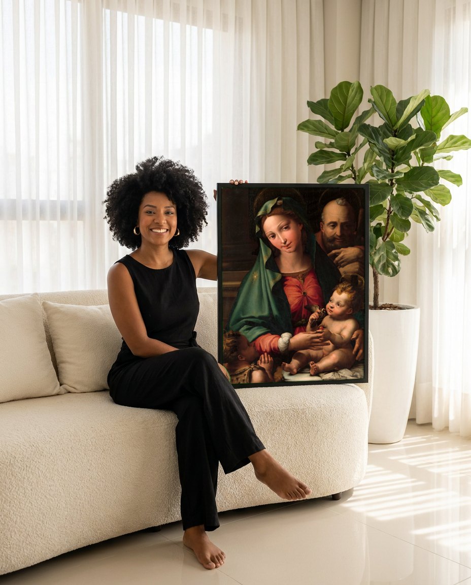 Quadro Decorativo A Sagrada Família – Jacopo Palma o Velho | modelo apresentando o quadro emoldurado