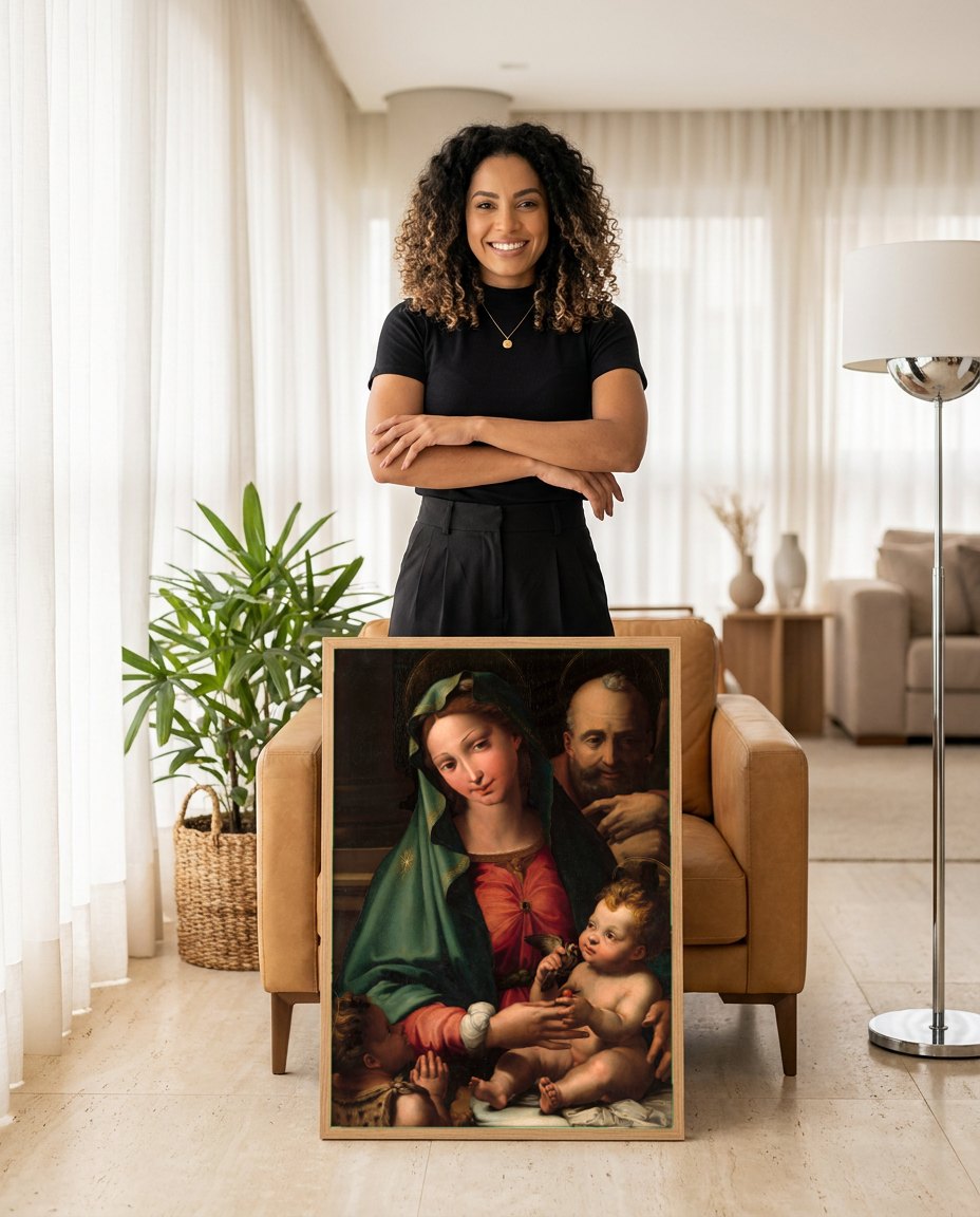 Quadro Decorativo A Sagrada Família – Jacopo Palma o Velho | modelo apresentando o quadro emoldurado