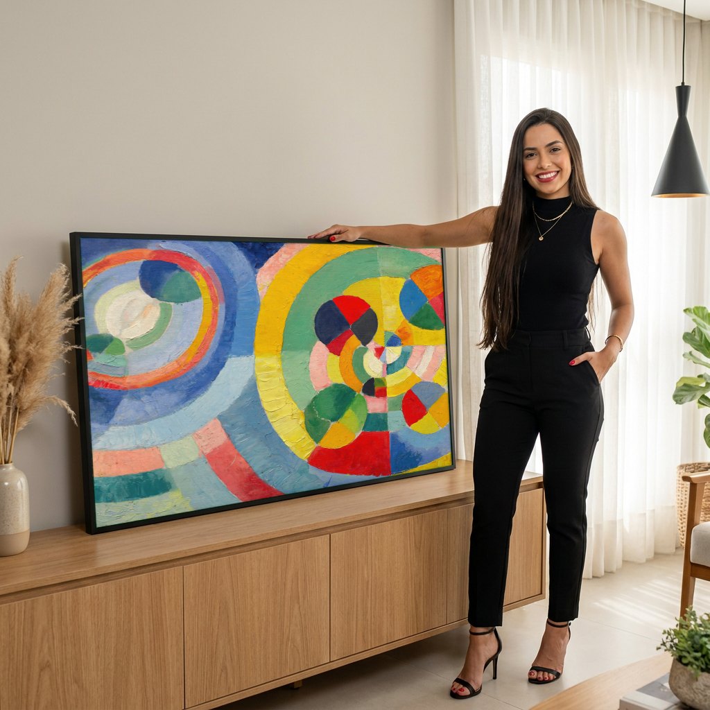 Quadro Decorativo Círculos Cromáticos - Robert Delaunay | modelo apresentando o quadro emoldurado