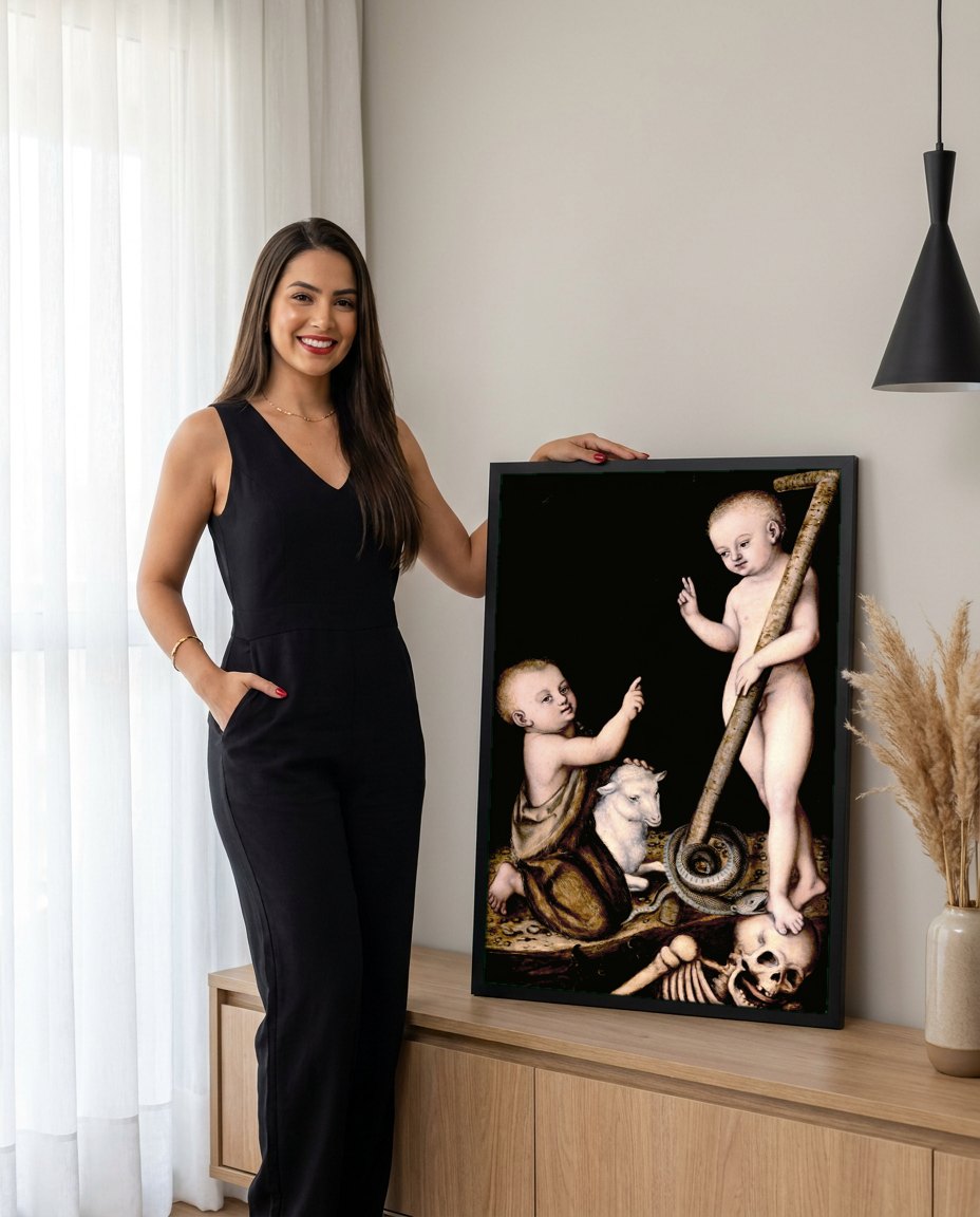 Quadro Decorativo Crianças com Cordeiro e Crânio - Lucas Cranach | modelo apresentando o quadro emoldurado