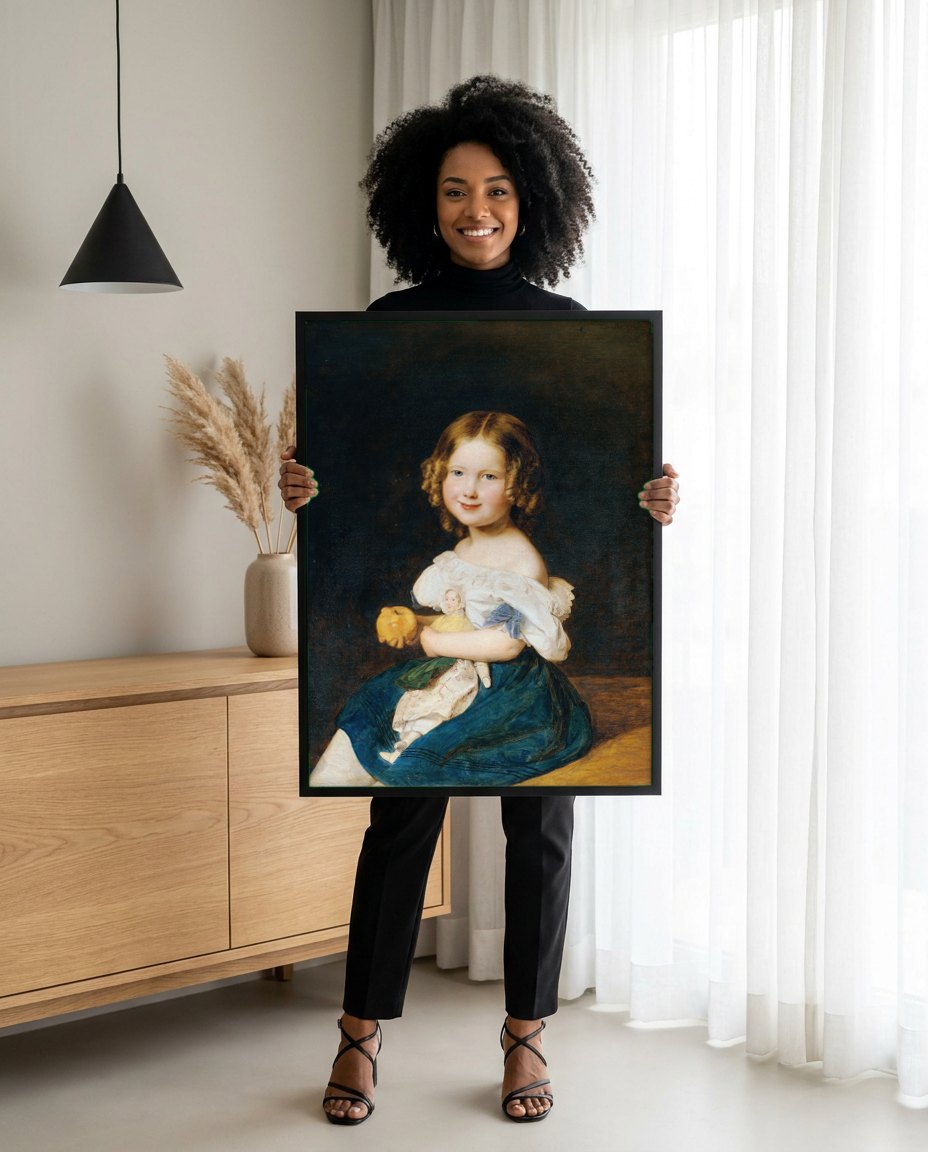 Quadro Decorativo A Menina com Maçã e Boneca - Waldmüller | modelo apresentando o quadro emoldurado