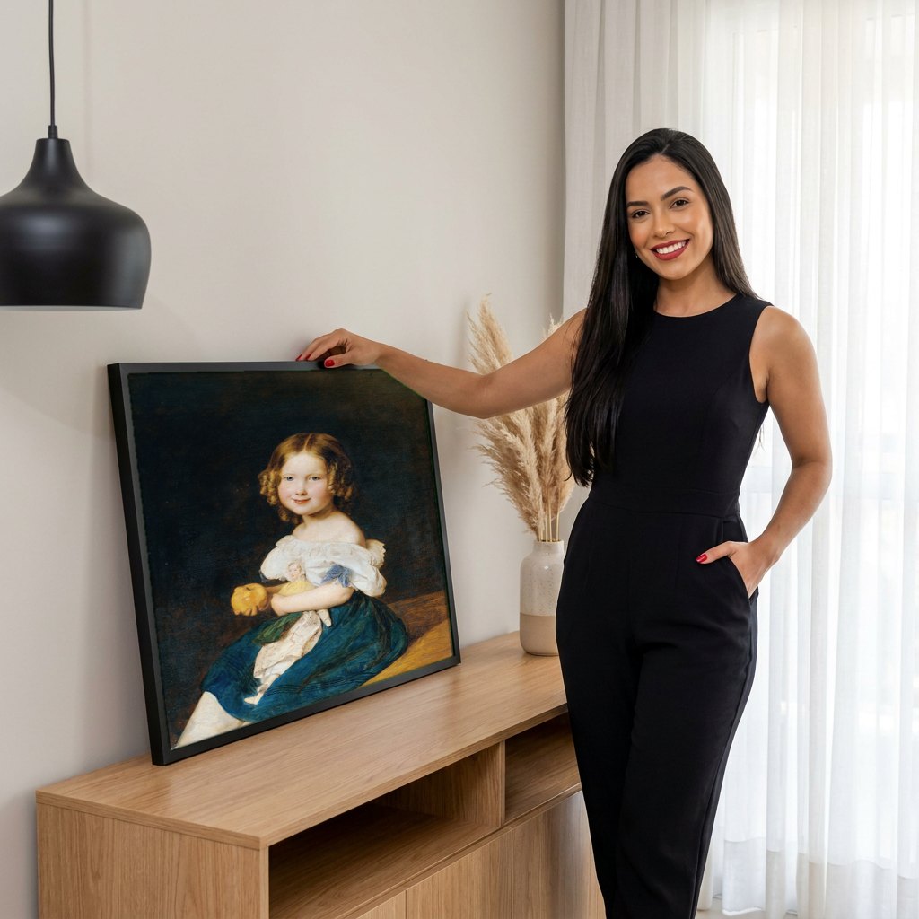Quadro Decorativo A Menina com Maçã e Boneca - Waldmüller | modelo apresentando o quadro emoldurado