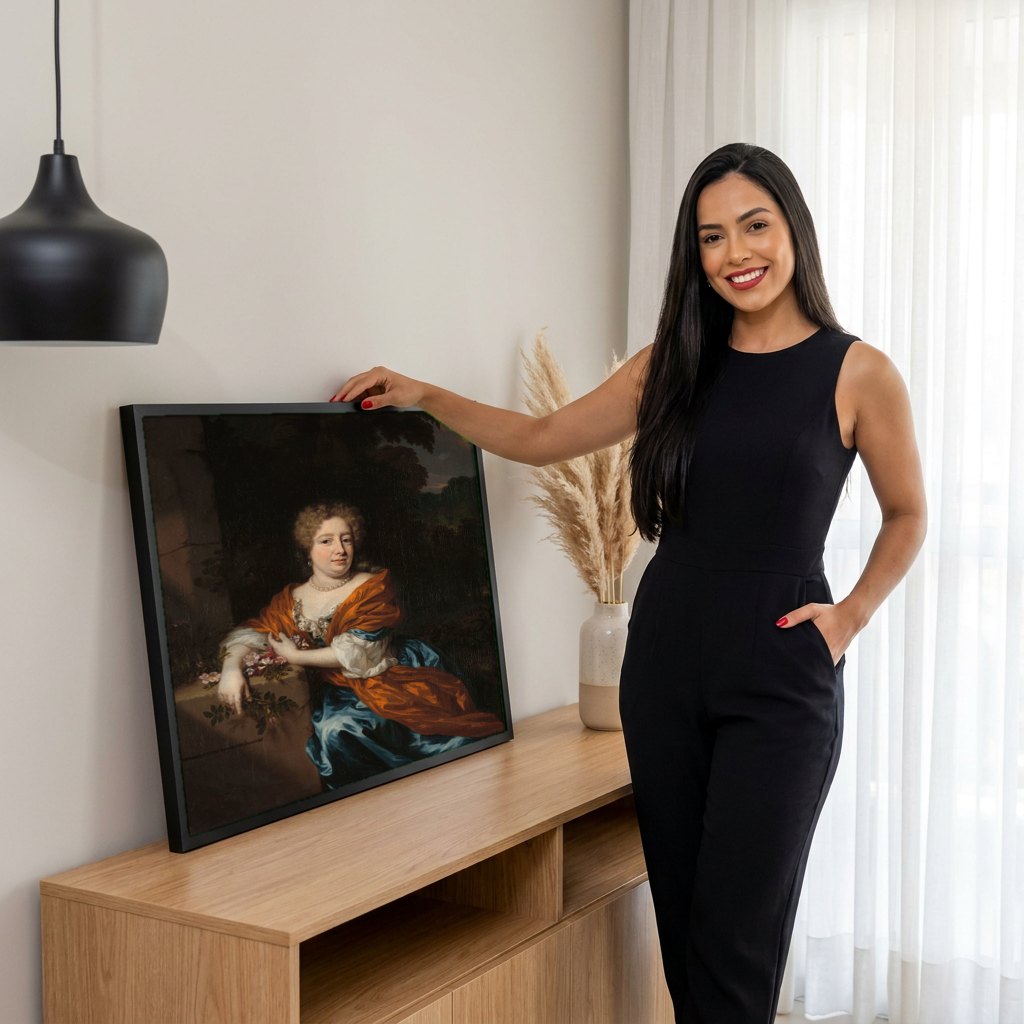 Quadro Decorativo Retrato de Dama com Rosas - Nicolaes Maes | modelo apresentando o quadro emoldurado