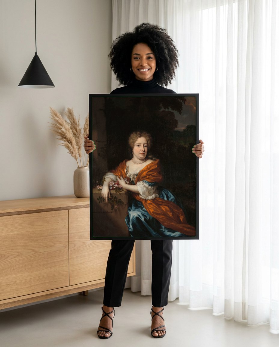 Quadro Decorativo Retrato de Dama com Rosas - Nicolaes Maes | modelo apresentando o quadro emoldurado