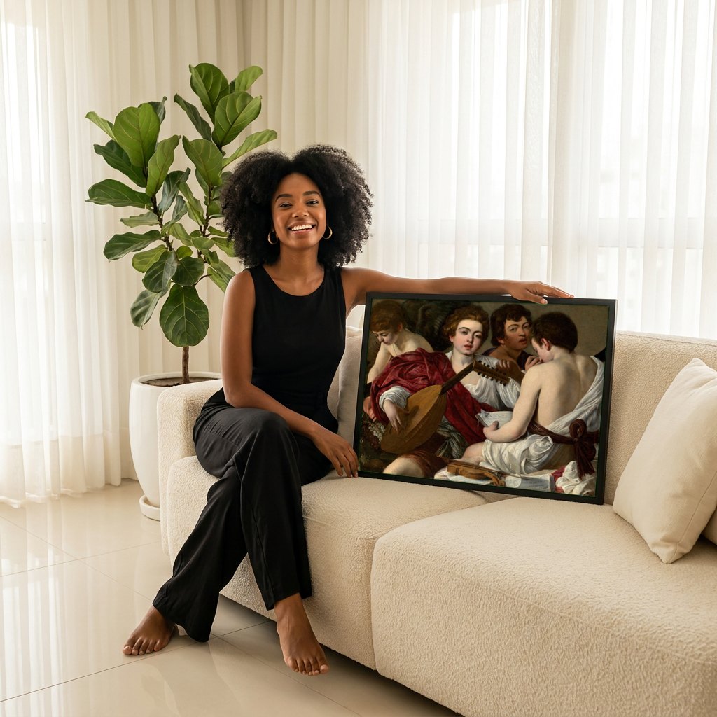 Quadro Decorativo Os Músicos - Caravaggio | modelo apresentando o quadro emoldurado