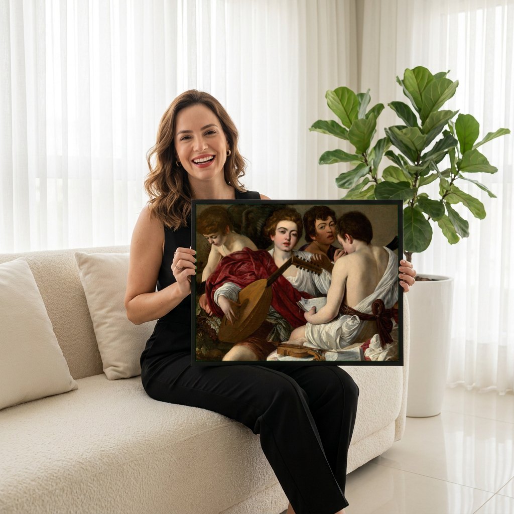 Quadro Decorativo Os Músicos - Caravaggio | modelo apresentando o quadro emoldurado