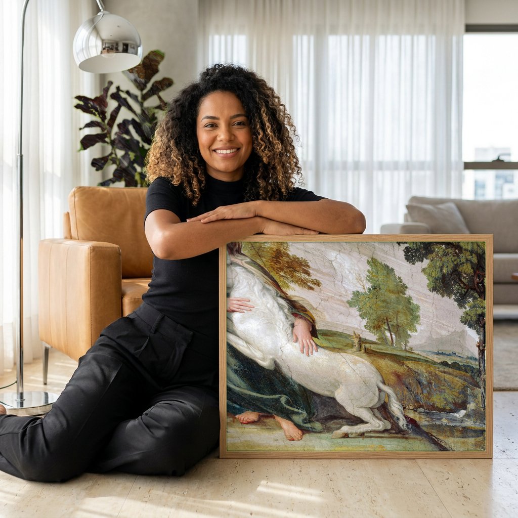 Quadro Decorativo A Dama e o Unicórnio - Domenichino com modelo em ambiente