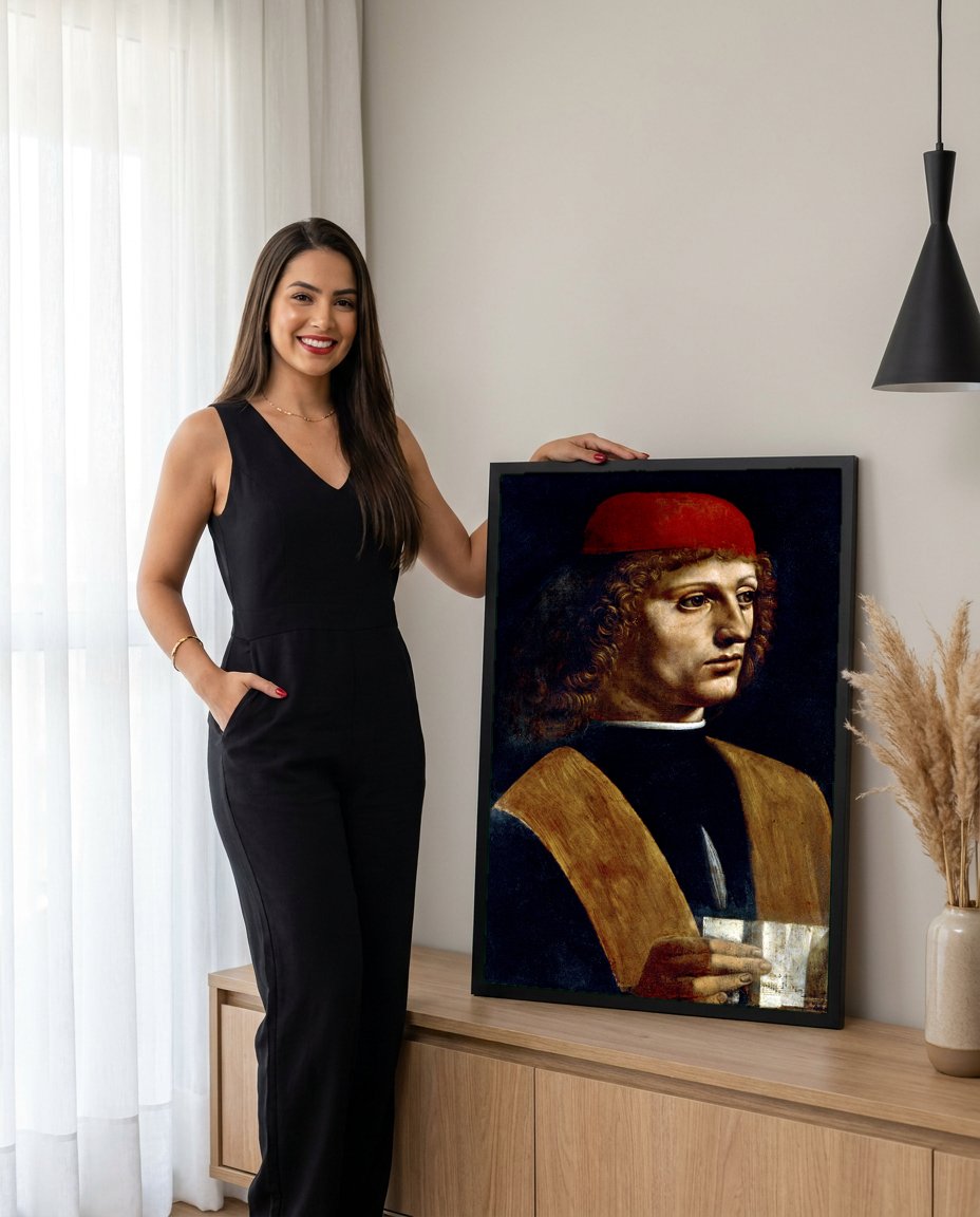 Quadro Decorativo Retrato de um Músico - Da Vinci com modelo em ambiente
