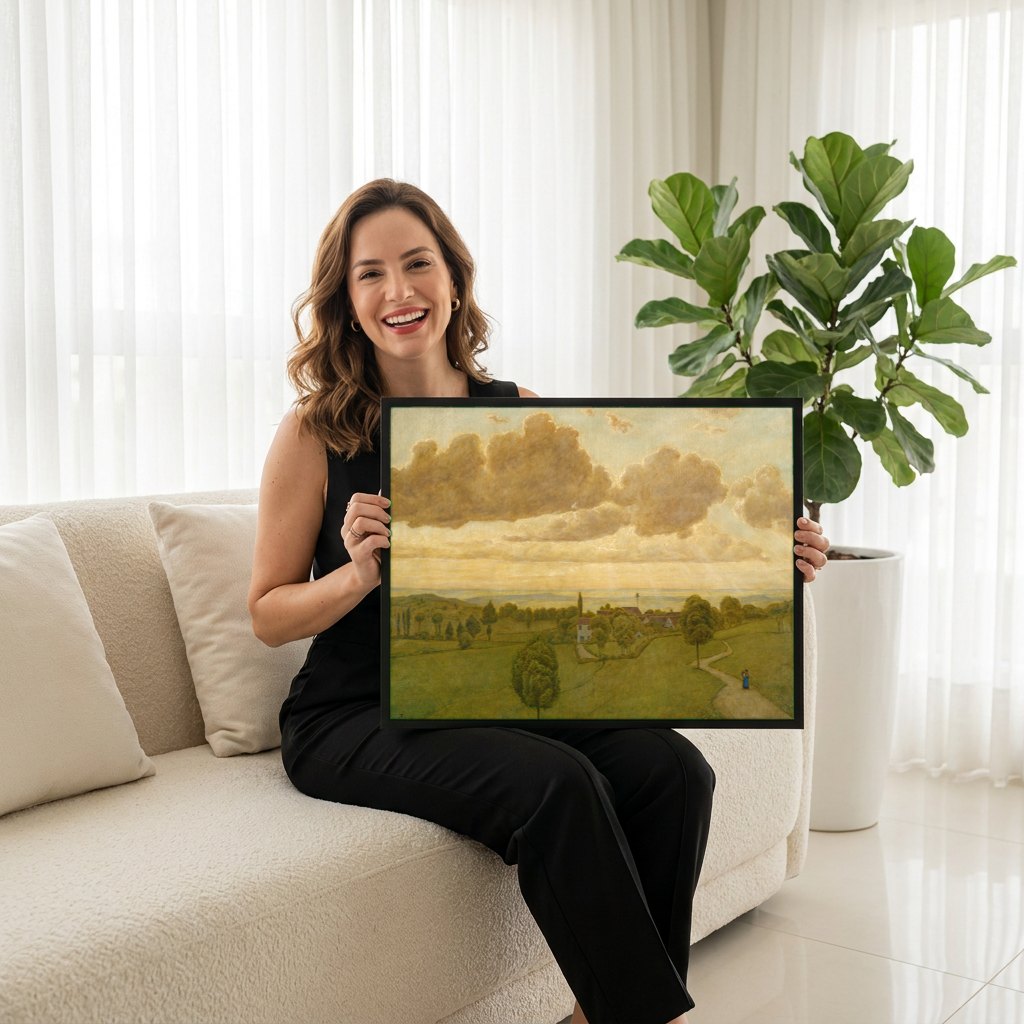 Quadro Decorativo Paisagem com Nuvens Douradas - Hans Thoma | modelo apresentando o quadro emoldurado