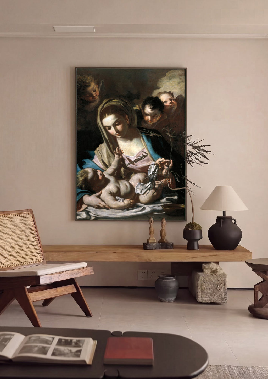Quadro Decorativo A Virgem e o Menino com Anjos - Solimena | quadro emoldurado na parede