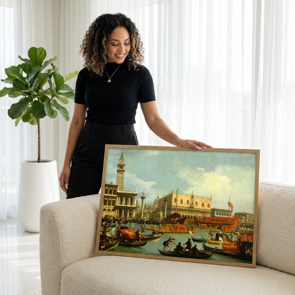 Quadro Decorativo A Chegada do Embaixador Francês - Canaletto | modelo apresentando o quadro emoldurado